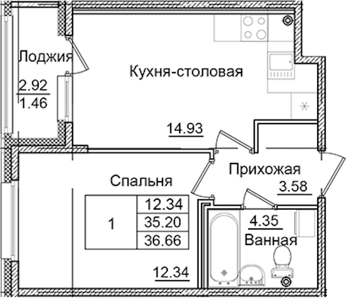 1-комнатная квартира 36.66 м², 2/9 эт., ЖК «Квартал Заречье»